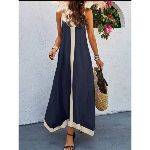 Contrast minimalist Cami sleeve two tone sleeveless maxi dress navy blue tan - Picture 1 of 6